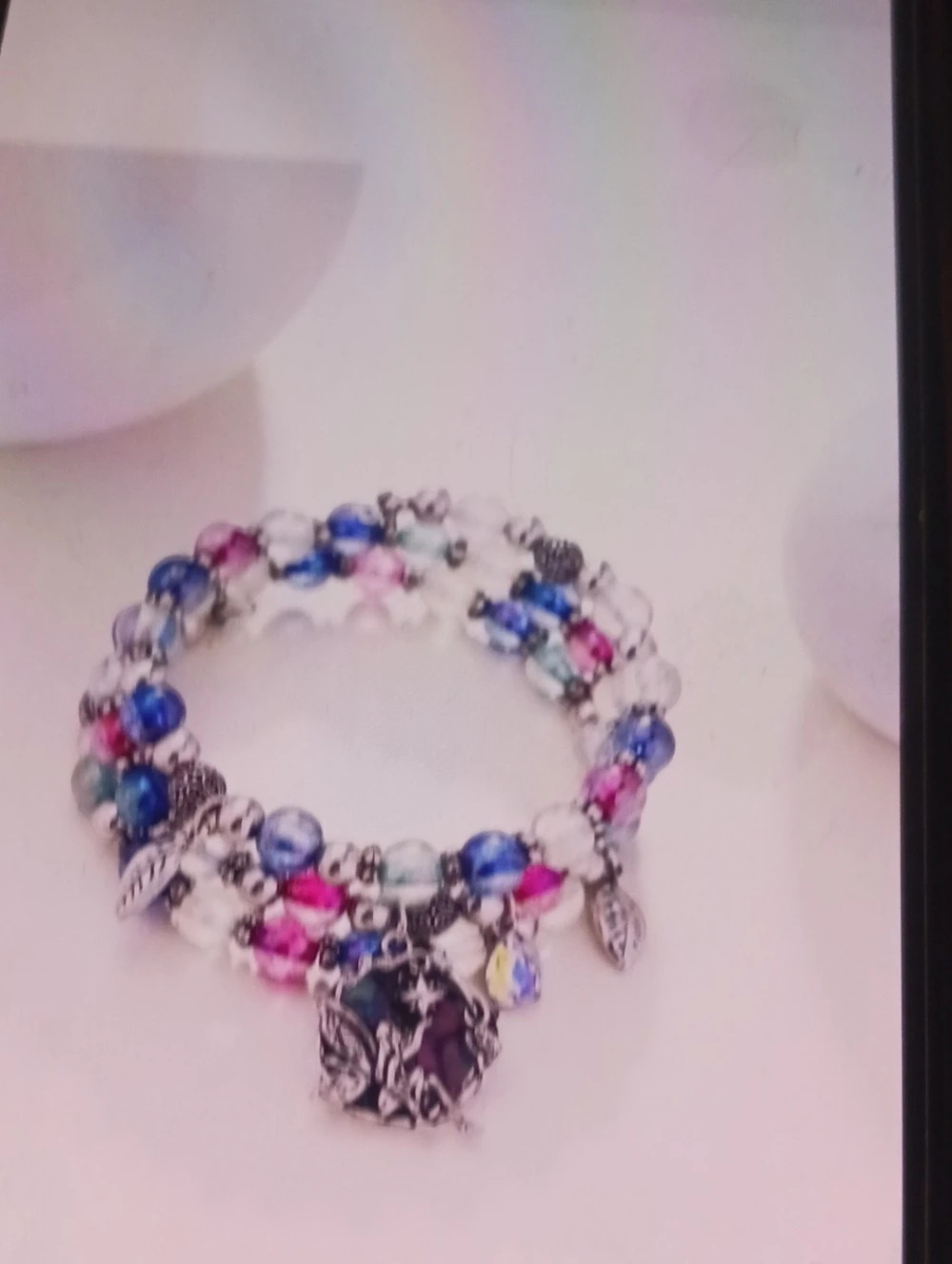 Beaded Charm Bracelet in Blue & Pink
